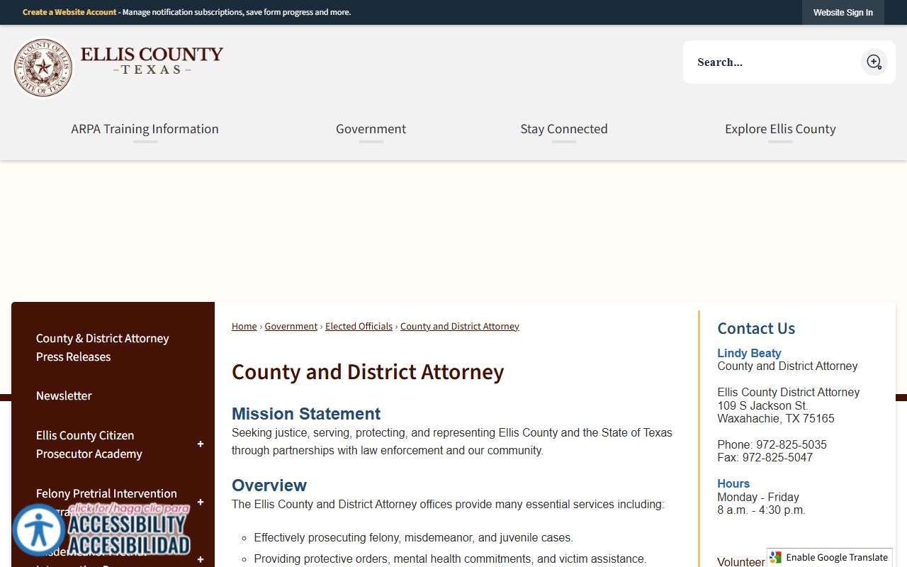 Ellis County and District Attorney office information page