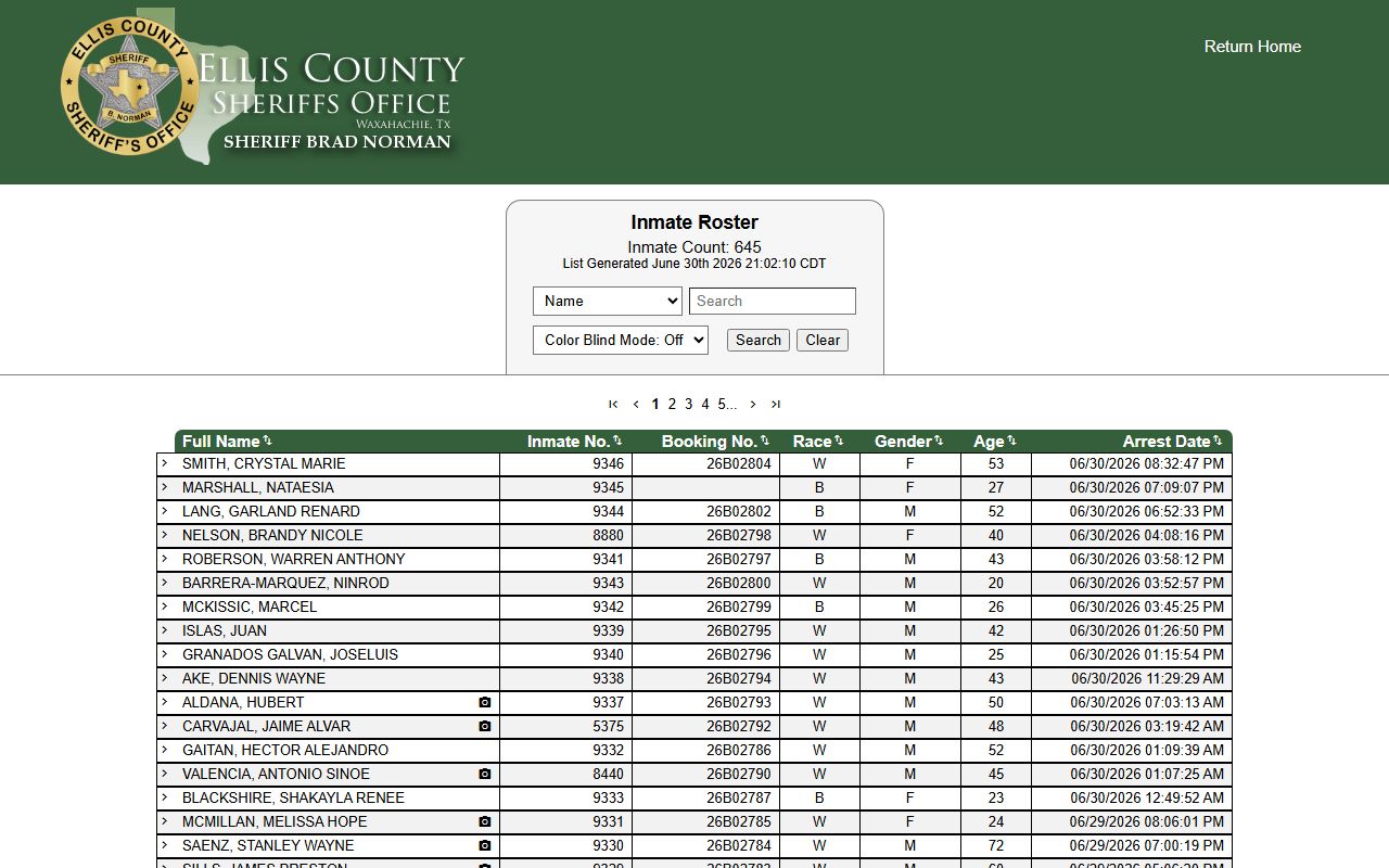 Ellis County inmate roster search interface