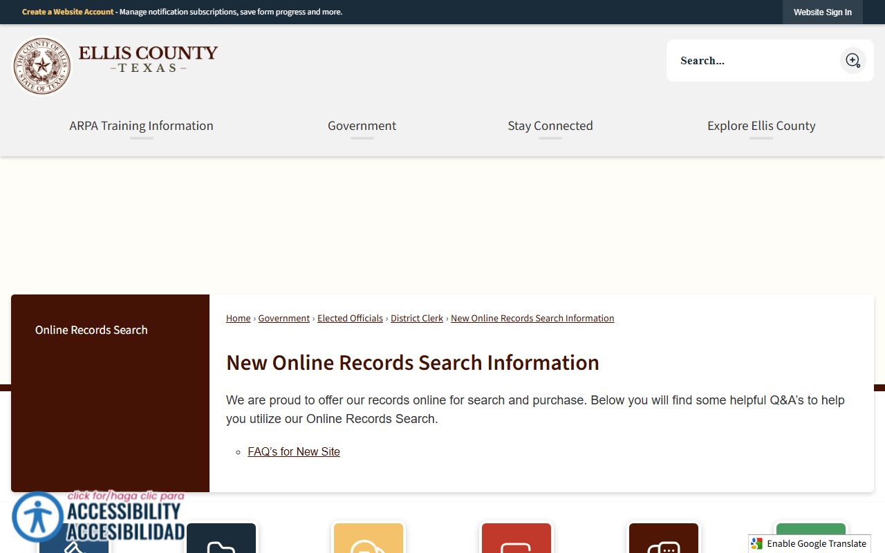 Ellis County online records search information page