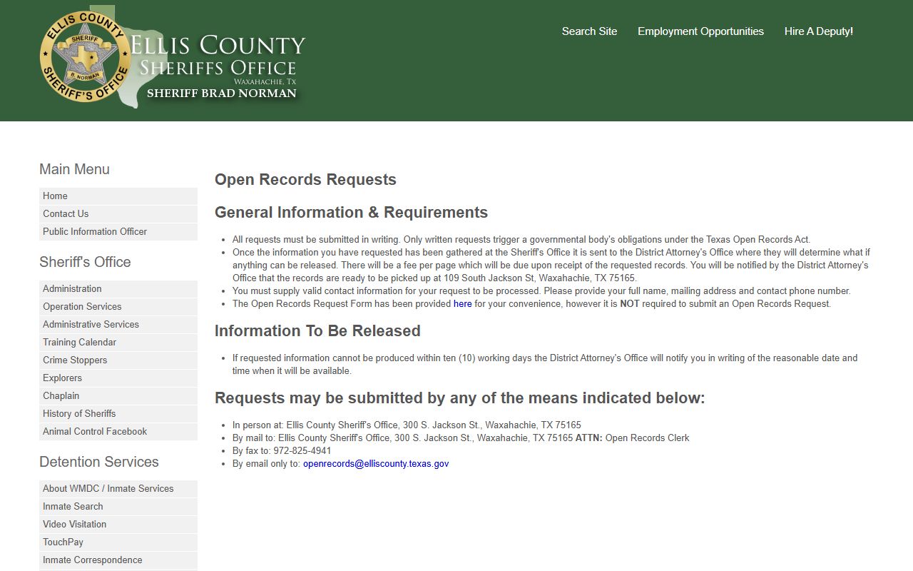 Ellis County inmate records open records request instructions