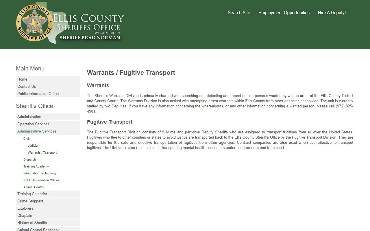 Ellis County Sheriff's Office warrants and fugitive transport page